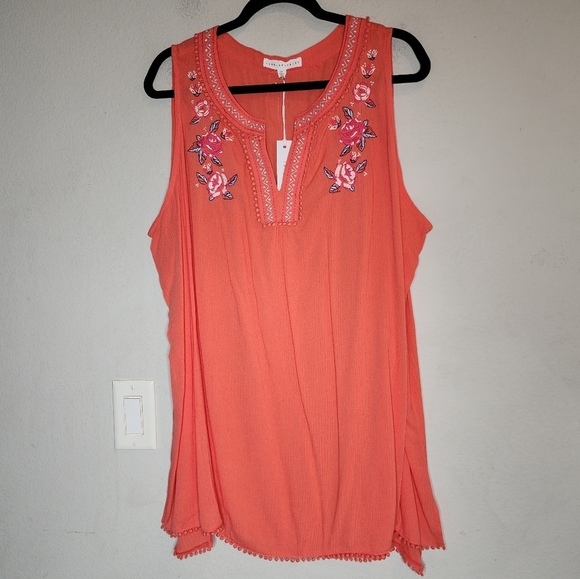 NWT Jane and Delancey Embroidered Coral Sleeveless Top Size 2X Flowy Crepe - Picture 1 of 15